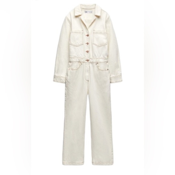 Zara - Beige Denim Jumpsuit Size Medium - Picture 3 of 10